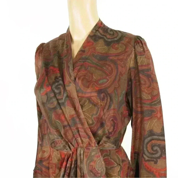 Vintage 90s Amanda Christine Red Brown Paisley Wrap Long Sleeve Boho Dress - Picture 3 of 4